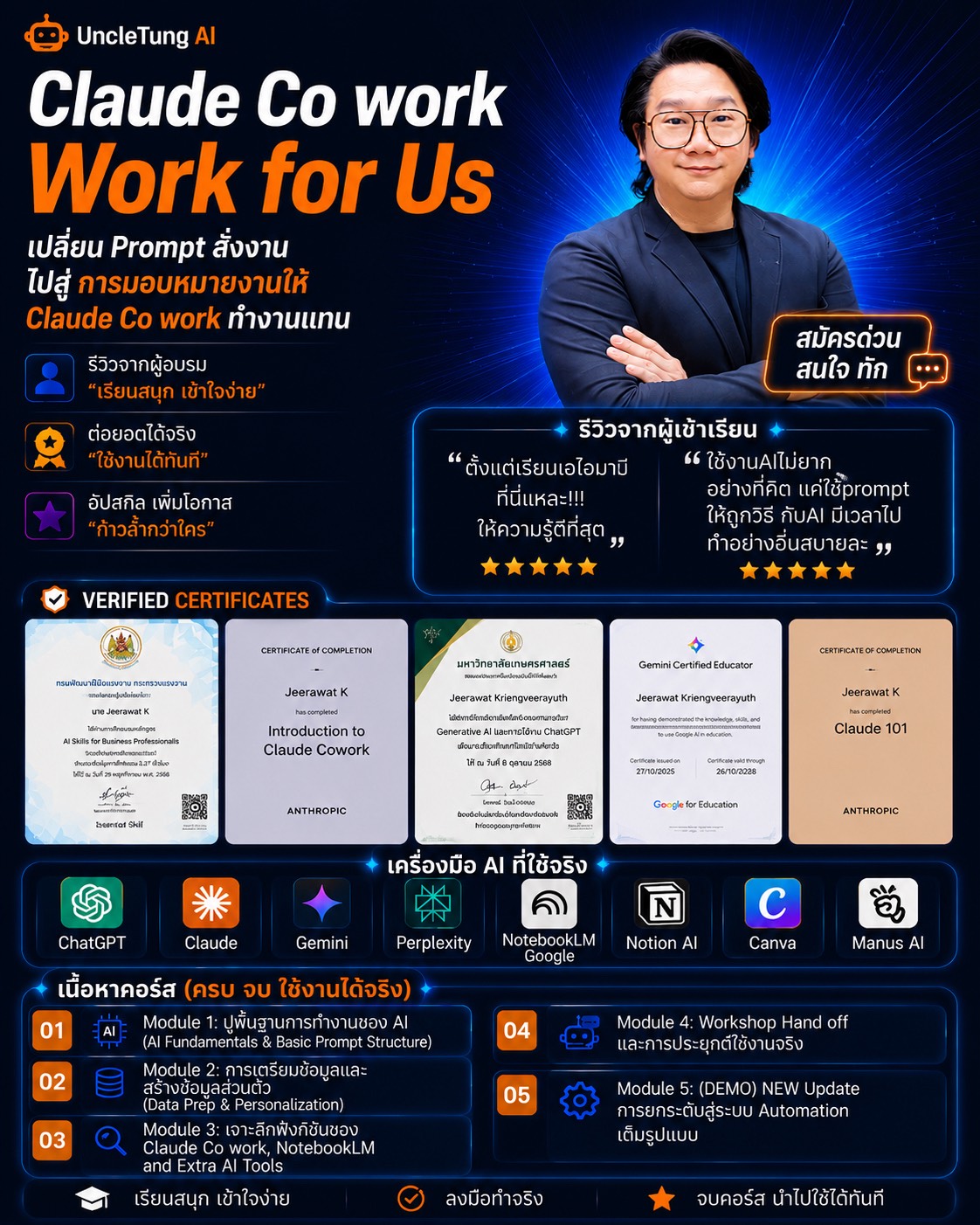 โปสเตอร์คอร์ส Claude Cowork — Agentic AI โดย Uncle Tung AI