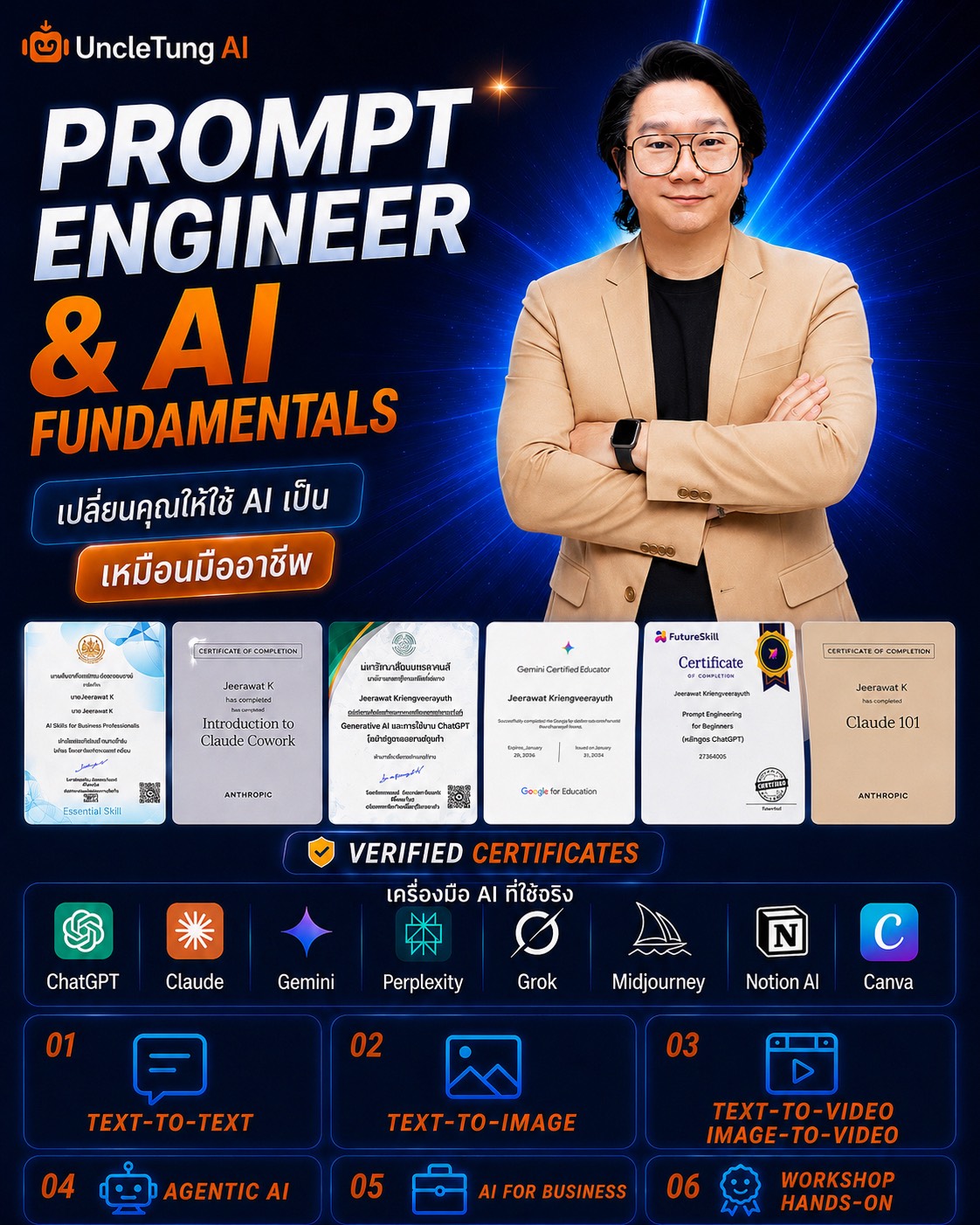 โปสเตอร์คอร์ส Prompt Engineer & AI Fundamentals โดย Uncle Tung AI